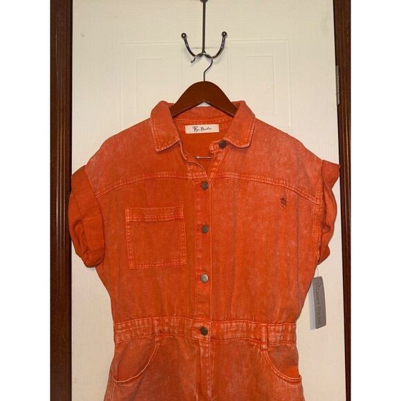NWT SWEET DUET DISTRESSED DENIM ROMPER IN ORANGE Size Large - Picture 5 of 16
